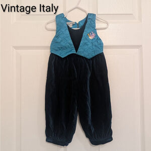 Rare Vintage Made in Italy Please Mum Velvet Romper Teal Quilted Bodice Bird Art